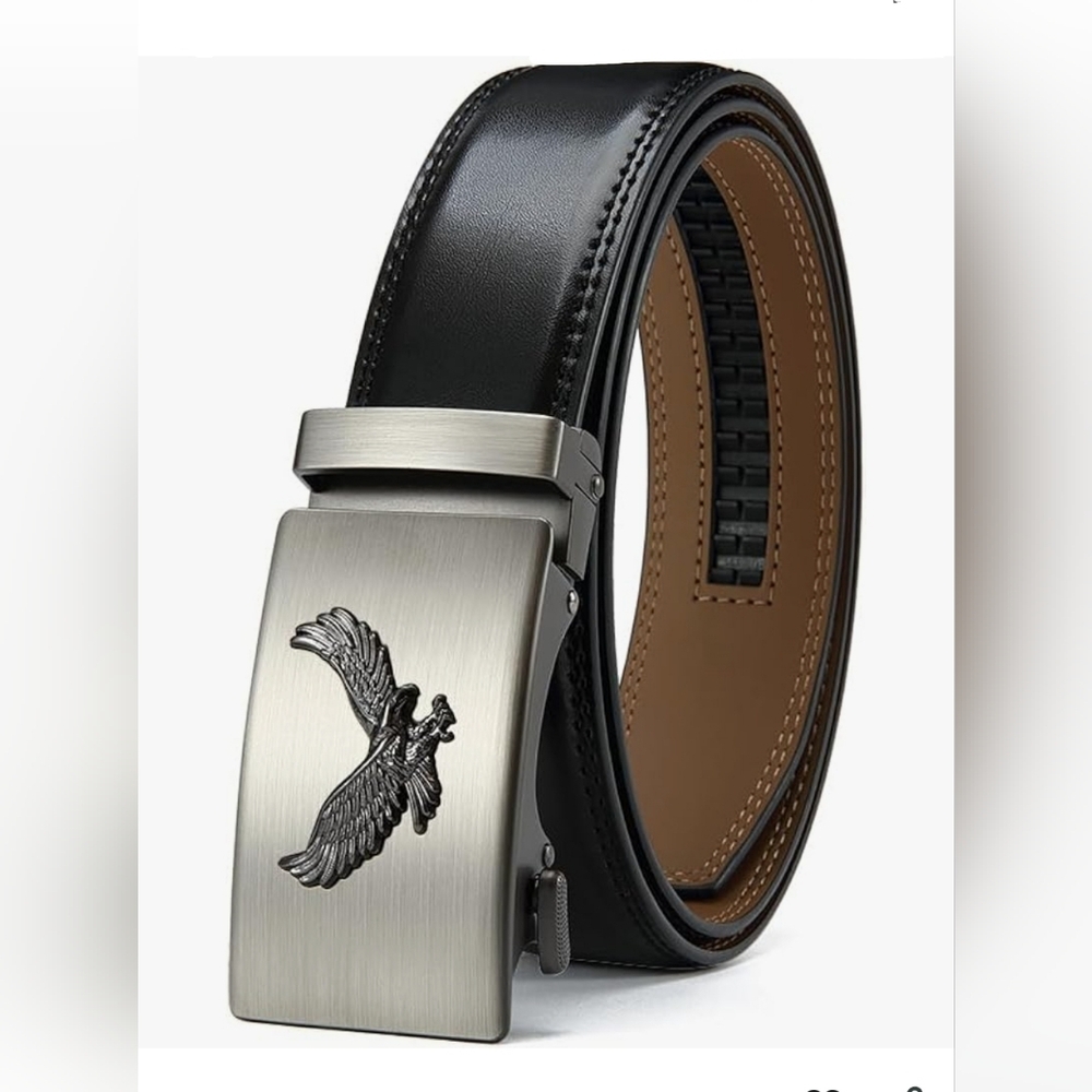 Eagle Buckle Ratchet Belt – Black Leather (Trim-to-Fit 34″–46″)